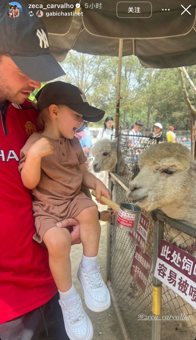 親子時光！泰山外援澤卡更新社媒，帶孩子在動物園玩耍&喂食羊駝