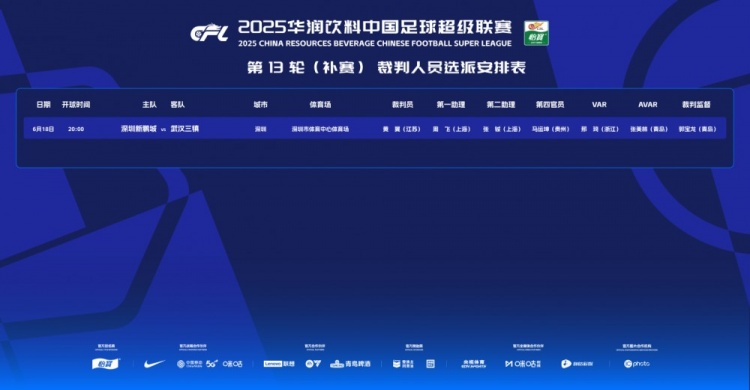 深圳新鵬城vs武漢三鎮(zhèn)補賽裁判：黃翼主裁判，邢琦VAR