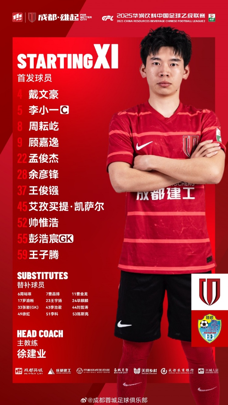 中乙聯(lián)賽成都蓉城B隊(duì)vs廣西恒宸比賽首發(fā)名單出爐！